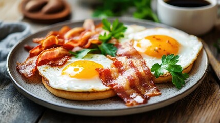 A soft bun packed with bacon and fried eggs, garnished with fresh parsley and a side of coffee