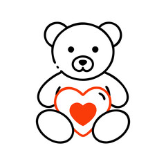 Obraz premium Adorable teddy bear holding a heart in a minimalist line art style, symbolizing love and affection