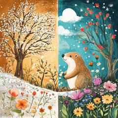 Artistic Groundhog Illustration Representing Seasons - Unique Groundhog Day Depiction of Nature’s Changing Cycles