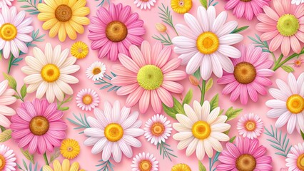 Fototapeta premium Colorful Chamomile Daisy Flower Blossom Pattern on Pink Background for Fashion Textiles, Wallpaper, and Wrapping Paper Design
