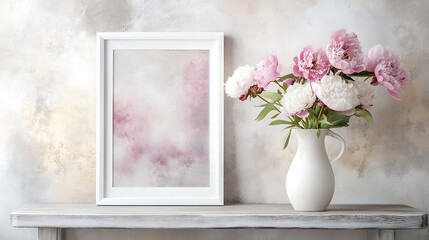 Elegant home decor with flowers - White frame and peonies in a vase against a neutral wall, creating a simple yet stylish setup.