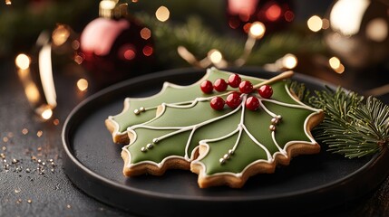 Traditional holly leaf cookies with smooth green frosting and glossy red candy berries, beautifully arranged for Christmas, close-up festive treats, holiday food concept