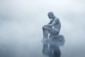 Sculpture of pensive man in mist, reflection in water, serene mood.