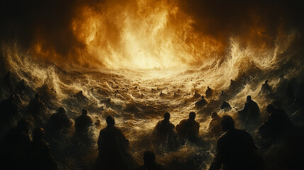 A Sea of Fire: A dramatic and evocative depiction of a fiery apocalypse, capturing the sense of impending doom as silhouettes of figures huddle together amidst a tempestuous sea of flames.