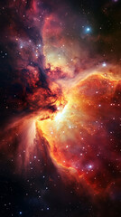 Obraz premium breathtaking nebula in space, with stars shining brightly around it. The color scheme features vibrant shades of orange and red.