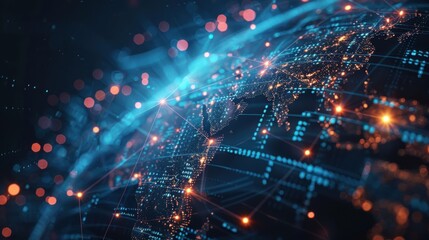 Fototapeta premium Earth with digital lines illustrating global networks and blockchain