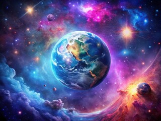 Obraz premium Breathtaking Cosmic Scene with Earth Surrounded by Colorful Nebulae and Stars in a Stunning Space Image for Astrophotography Enthusiasts and Science Lovers
