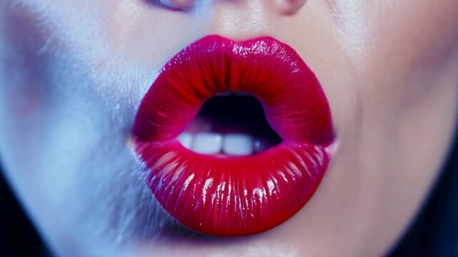 Close-Up of Glossy Red Lips in a Puckered Expression Highlighting Bold Color and Sensual Beauty