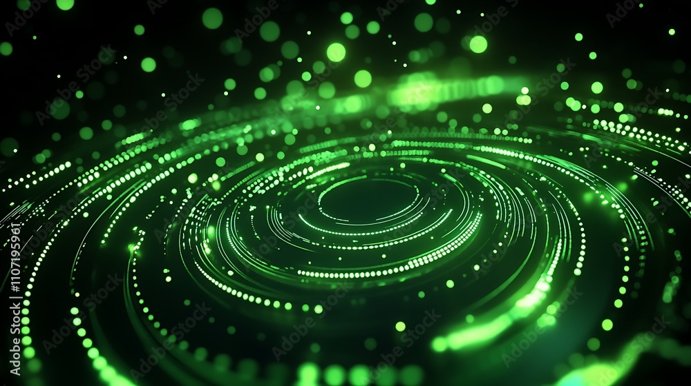Poster abstract green background with circular patterns and glowing dots for technology and science concept