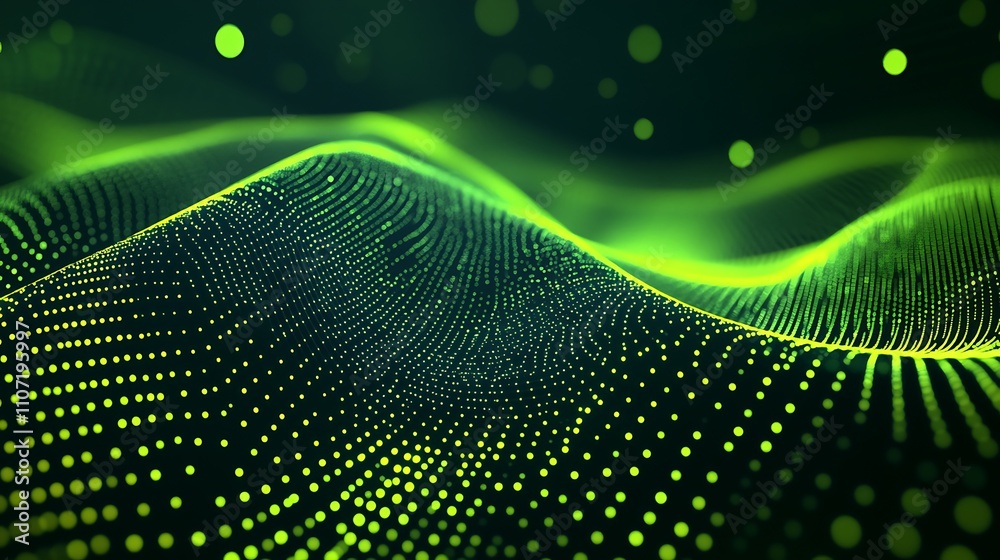 Fototapete Abstract Green Background with Waves and Dots Representing Data Visualization and Technology Concepts