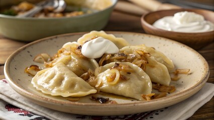 Plate of traditional Polish pierogi with caramelized onions and sour cream.