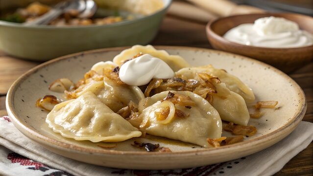 Plate of traditional Polish pierogi with caramelized onions and sour cream.