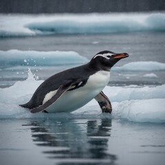 A penguin sliding on the ice.

