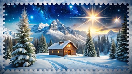 Fototapeta premium Double Exposure Photography of a North Pole Post Office Merging with Winter Landscapes on a White Background for Holiday-Themed Designs and Marketing