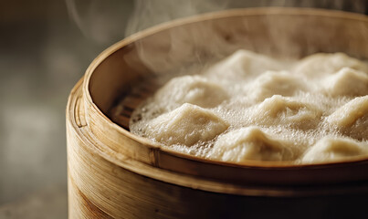 Savor the Deliciousness: Steaming Dumplings in a Traditional Bamboo Basket Creating Aromatic Culinary Delights