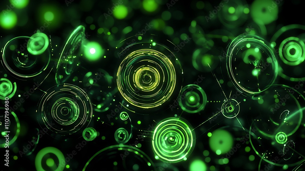 Poster abstract green circular patterns with light effects and digital elements in a futuristic background