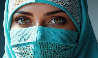 Captivating eyes and intricate turquoise veil embracing cultural elegance