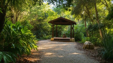 A serene wellness retreat in a natural forest setting, focusing on mindfulness and relaxation, wide shot