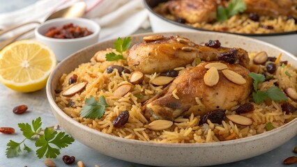 Kabsa rice with tender chicken, almonds, and raisins in a rustic bowl.