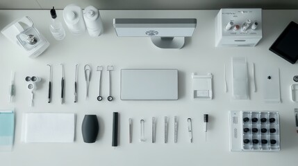 A set of medical diagnostic equipment displayed on a countertop in a modern health facility, Sleek and organized environment, Minimalist style