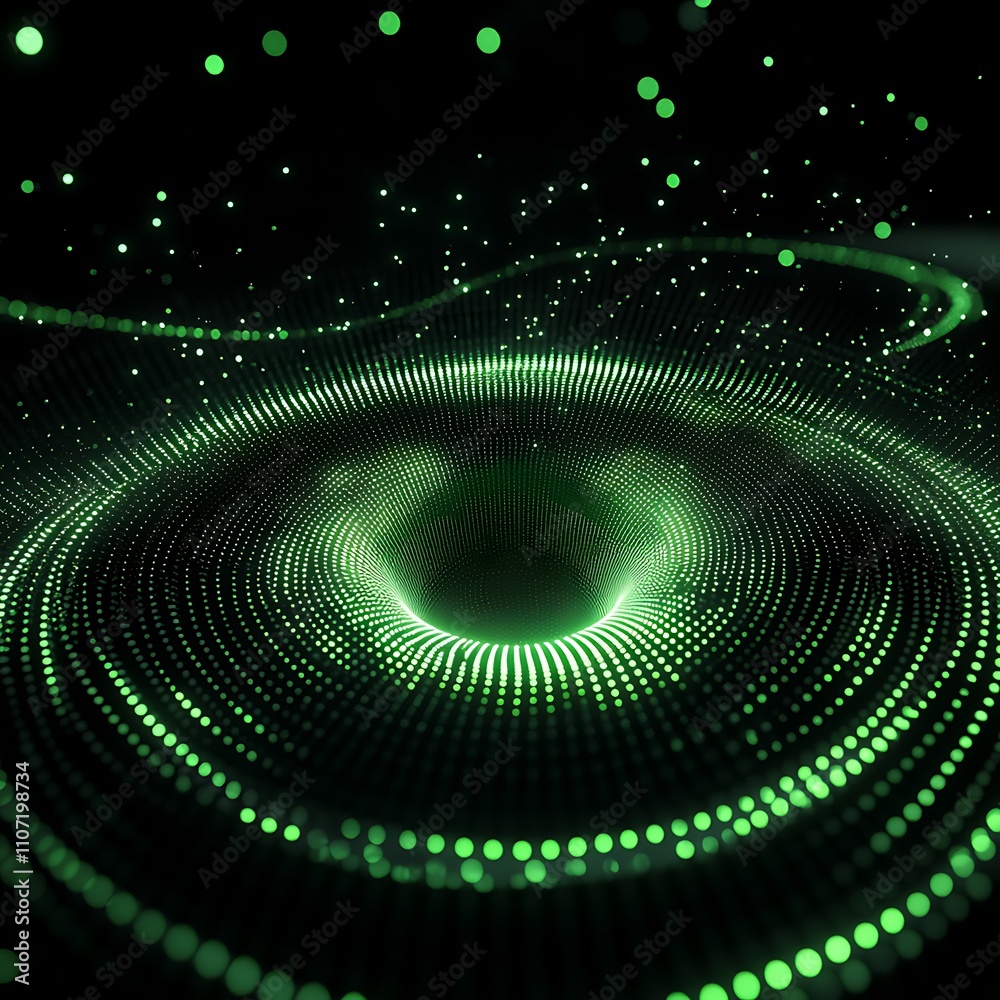 Poster abstract green light particles creating circular patterns on a dark background for digital and techn