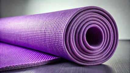 Elegant Purple Yoga Mat Rolled Up on Textured Surface Perfect for Product Photography, Ideal for Fitness and Wellness, Showcasing Quality and Style in Home and Studio Settings