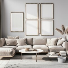 A cozy living room with a beige sectional sofa. a round coffee table. and four empty picture frames on the wall