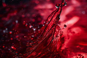 Splashes of liquid on a dark red background. Red wine or juice. Liquid flow, splashes and drops. Burgundy, vinous color. Abstract background.