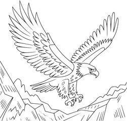 A black and white vector illustration of a Eagle in a clean line style silhouette wild animal, eagle in the snow