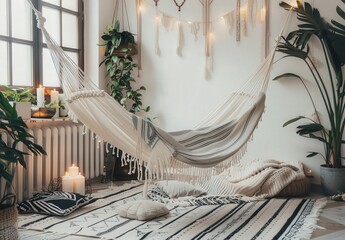 A cozy hammock with white and black striped fabric hangs in a bohemian living room with a white wall. plants. and candles