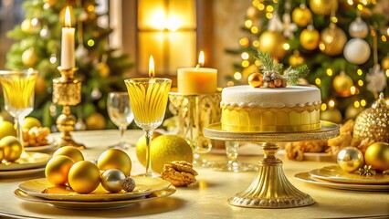 Elegant Yellow Christmas Tablescape with Vintage Cake Centerpiece and Luxurious Glassware for a Glamorous Holiday Dinner Party Setting