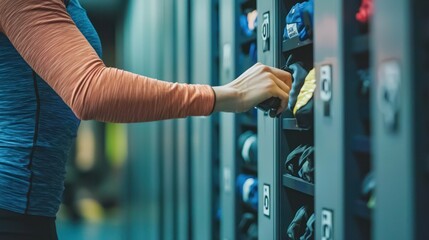 A person using a locker to store belongings before a workout, showcasing convenience.