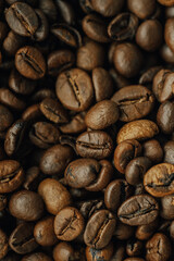 many coffee beans, selected focus, coffee close-up