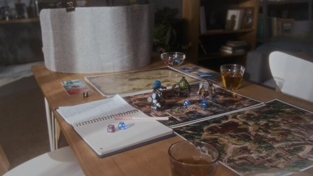 High angle view of fantasy role-playing board game set and drinks on wooden table in living room