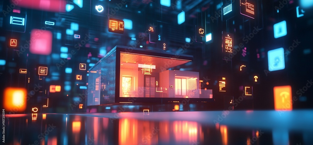 Poster a futuristic house surrounded by vibrant digital icons and data streams.