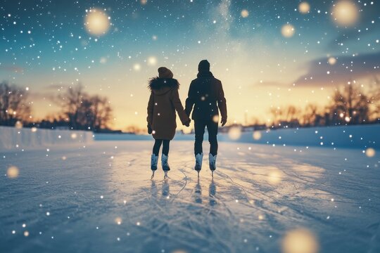 Couples ice skating during sunset in a snowy winter landscape at a frozen lake