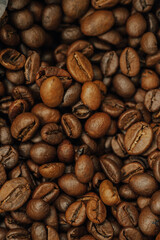 many coffee beans, selected focus, coffee close-up