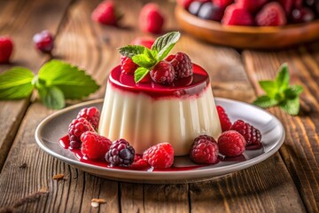 Exquisite Panna Cotta: Creamy Italian Dessert Elegantly Styled with Fresh Berries and Drizzled Raspberry Sauce on a Chic Table Setting
