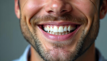 Fototapeta premium Close up of biracial man show white healthy teeth