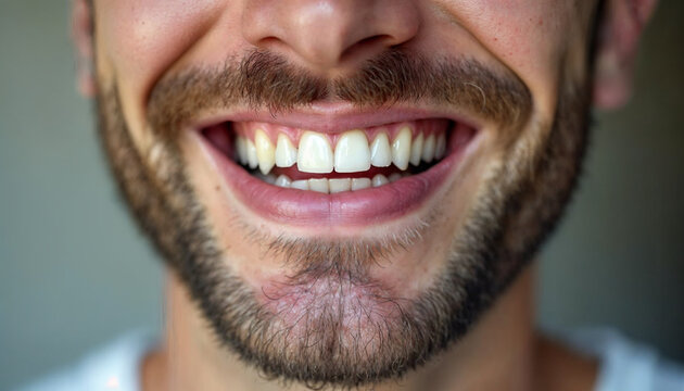 Close up of biracial man show white healthy teeth