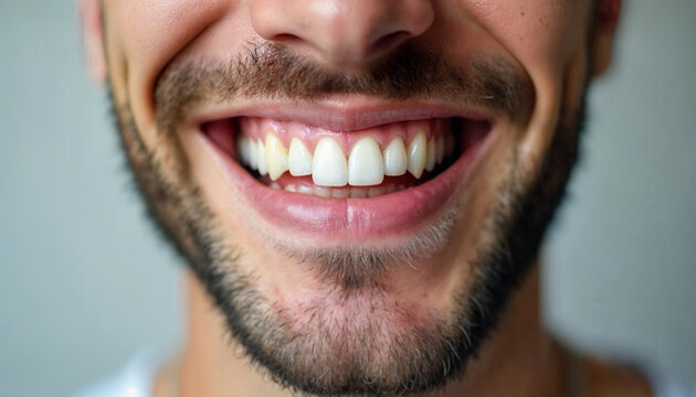 Close up of biracial man show white healthy teeth