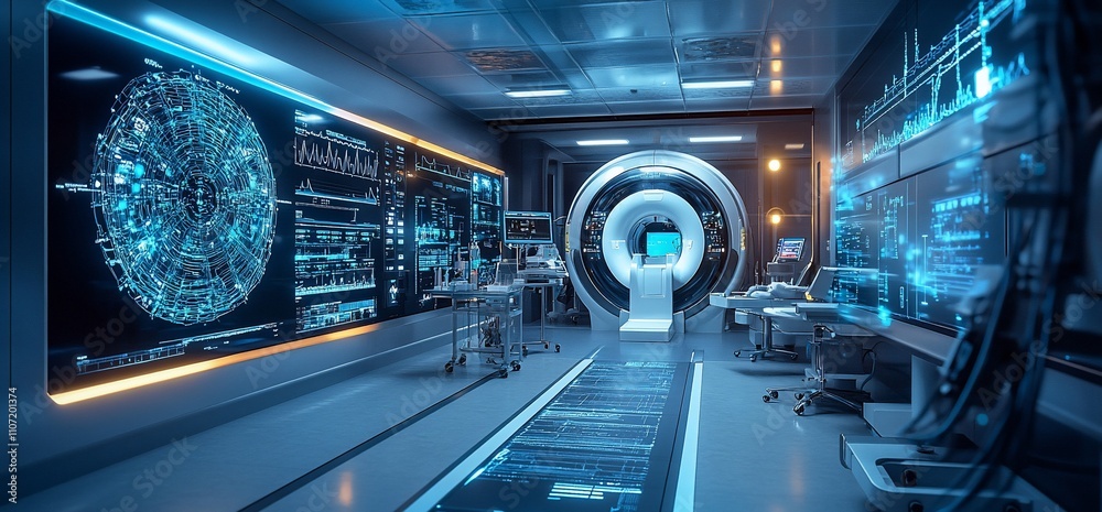 Aufkleber a futuristic laboratory featuring advanced technology and data displays.