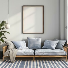A modern living room with a light blue sofa. a striped rug. a potted plant. and a blank canvas on the wall