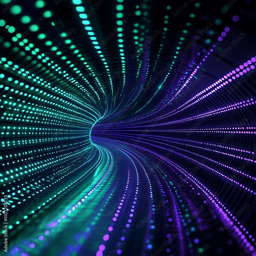 Poster abstract light tunnel with colorful dots flowing in dynamic patterns and gradients for futuristic ba