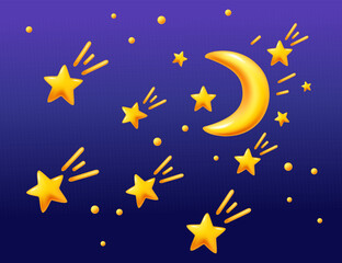 Golden stars and crescent moon on a purple background with clouds and sparkles, creating a magical night scene. Ideal for fairy tales, celestial themes, and decorations. Vector illustration