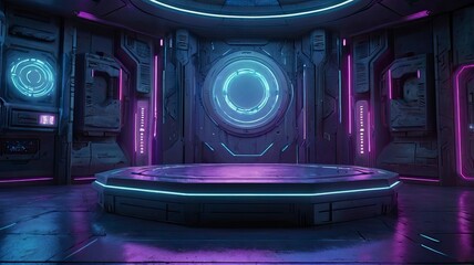 Cyberpunk product podium platform studio with blue and violet spotlight and grunge style textured in spaceship background. Futuristics technology scene concept. 3D illustration rendering graphic