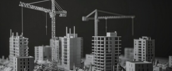 Fototapeta premium A miniature cityscape with two construction cranes and several buildings in the foreground. with the cranes and buildings in various stages of construction