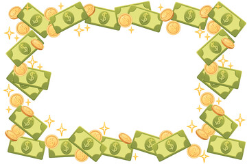 Money frame with dollar bills, coins, and sparkles. Greeting card or finance advertisement design. Empty space in middle. Vector illustration on white