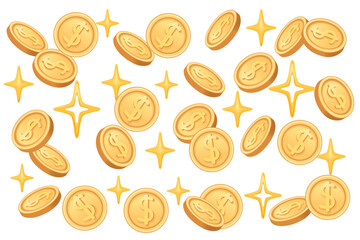 Golden coins with sparkles. Suitable for finance themes, holiday promotions, and online shopping banners. Vector illustration on white