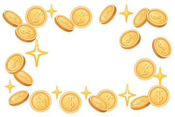 Money frame with coins, and sparkles. Greeting card or finance advertisement design. Empty space in middle. Vector illustration on white